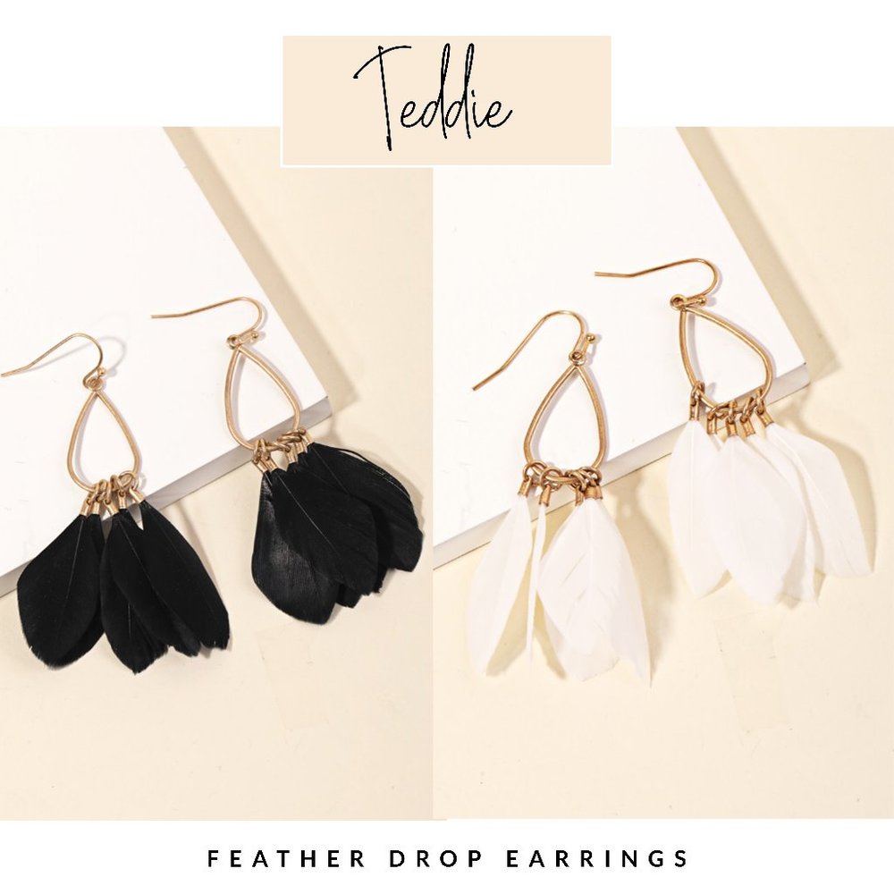 Teddie Teardrop Feather Drop Earrings